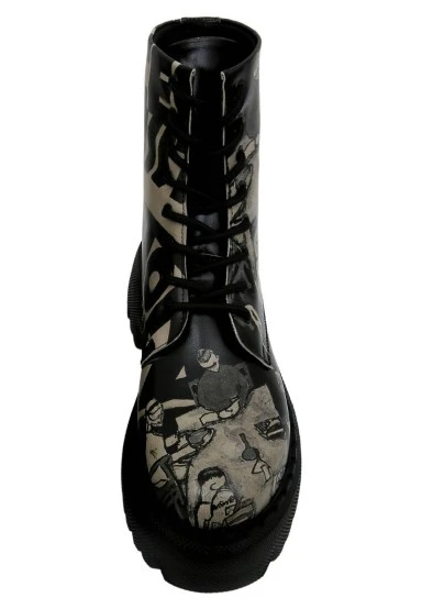Women Vegan Leather Black Long Boots - Supper Black White Design - 