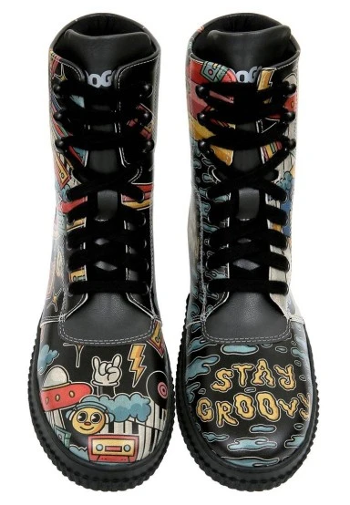 Women Vegan Leather Black Long Boots - Stay Groovy Design - 