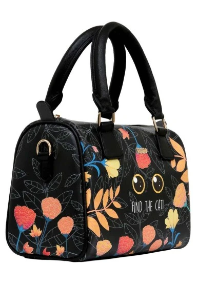 Women Vegan Leather Black Purse - Find the Cat Design - 