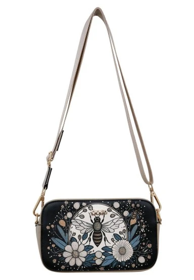 Women Vegan Leather Black Purse - Bee with Flowers Design - 