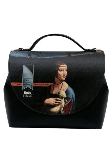 Women Vegan Leather Black Purse - Leonardo-da-Vinci-Lady with an Ermine Design - 