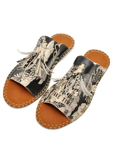Women Vegan Leather Black Slippers - DonT Give Up Design - 