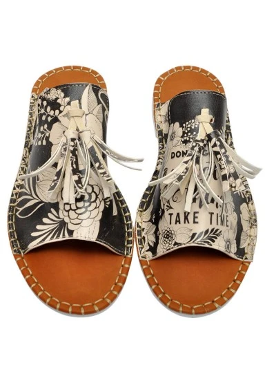 Women Vegan Leather Black Slippers - DonT Give Up Design - 