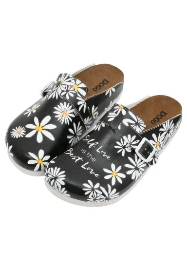 Women Vegan Leather Black Slippers - Self Love is the Best Love Design - 