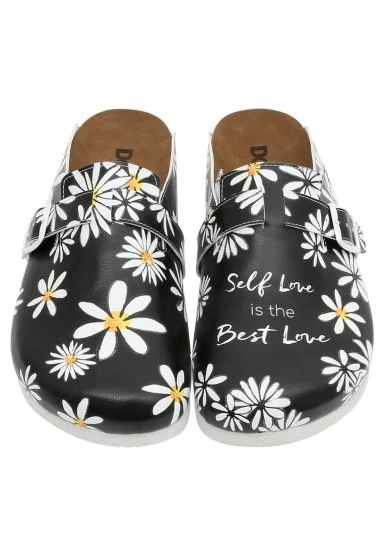 Women Vegan Leather Black Slippers - Self Love is the Best Love Design - 