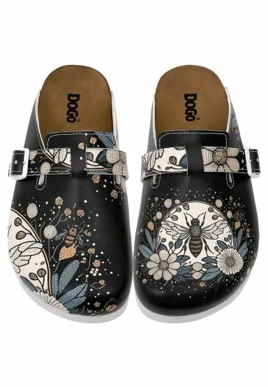 Women Vegan Leather Black Slippers - Bee with Flowers Design - 