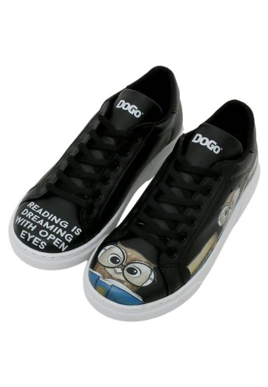 Women Vegan Leather Black Sneakers - The Wise Owl Design - 