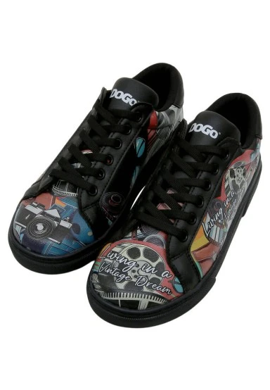 Women Vegan Leather Black Sneakers - Living in a Vintage Dream Design - 
