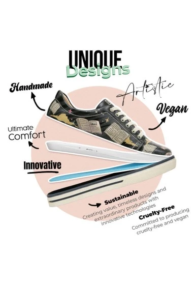 Women Vegan Leather Black Sneakers - Never Ending Story Design - 