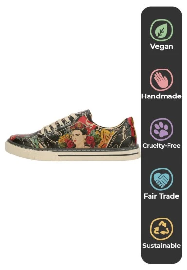 Women Vegan Leather Black Sneakers - Te Amo Frida Kahlo Design - 