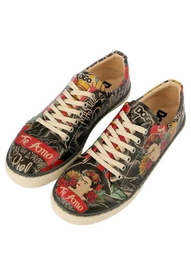 Women Vegan Leather Black Sneakers - Te Amo Frida Kahlo Design - 