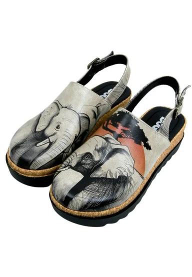 Women Vegan Leather Black Wedge Sandals - Sunset Animals Design - 