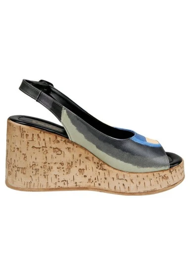 Women Vegan Leather Black Wedge Sandals - Window Design - 