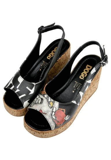 Women Vegan Leather Black Wedge Sandals - Supper Design - 