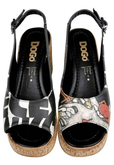 Women Vegan Leather Black Wedge Sandals - Supper Design - 