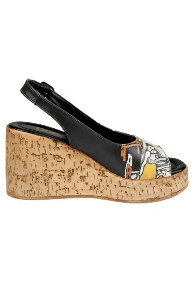 Women Vegan Leather Black Wedge Sandals - Supper Design - 