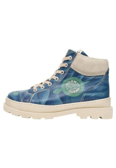 Women Vegan Leather Blue Boots - Born to Travel in the Ocean Design - 