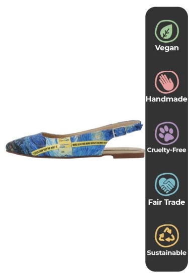 Women Vegan Leather Blue Flat Shoes - Vincent Van Gogh the Starry Night Design - 