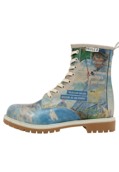 Women Vegan Leather Blue Long Boots - Claude Monet Woman With a Parasol Muse Design - 