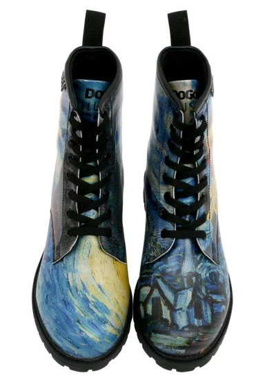Women Vegan Leather Blue Long Boots - Vincent van Gogh The Starry Night Collage Muse Design - 