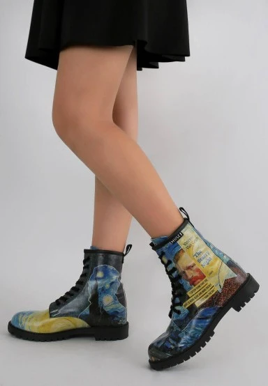 Women Vegan Leather Blue Long Boots - Vincent van Gogh The Starry Night Collage Muse Design - 
