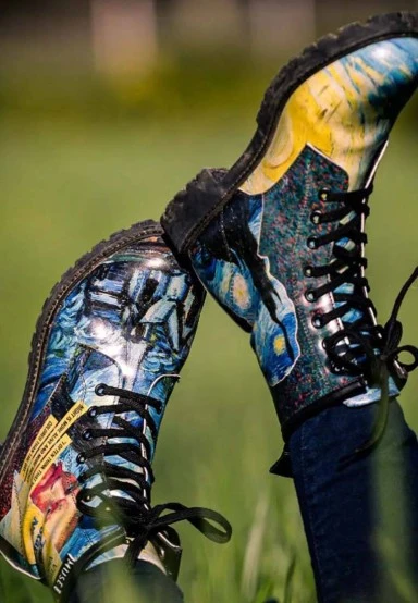 Women Vegan Leather Blue Long Boots - Vincent van Gogh The Starry Night Collage Muse Design - 