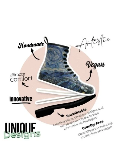 Women Vegan Leather Blue Long Boots - Vincent van Gogh The Starry Night Collage Muse Design - 
