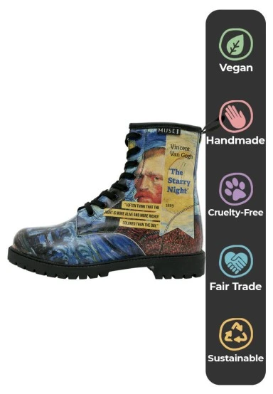 Women Vegan Leather Blue Long Boots - Vincent van Gogh The Starry Night Collage Muse Design - 