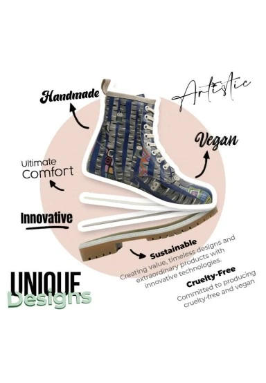 Women Vegan Leather Blue Long Boots - Owl Gang Design - 