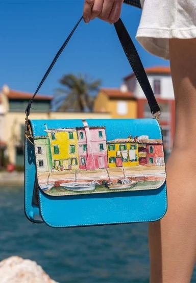 Women Vegan Leather Blue Purse - Burano Island Design - 