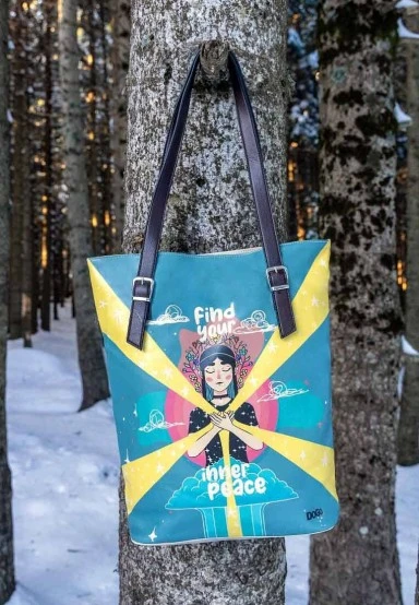 Women Vegan Leather Blue Shoulder Bag - Find Your Inner Peace Design - 