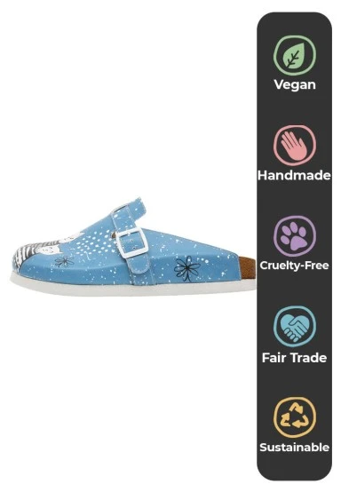 Women Vegan Leather Blue Slippers - Family Portrait Design - 