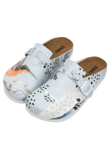 Women Vegan Leather Blue Slippers - Birds Chirping Design - 