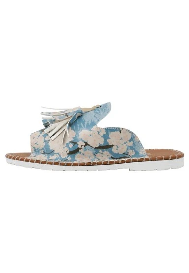 Women Vegan Leather Blue Slippers - Bloom Where You Are Planted Design - 