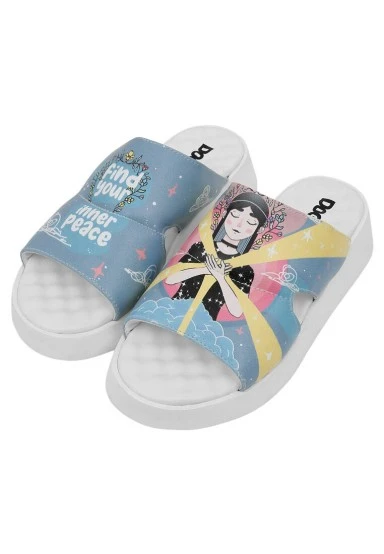 Women Vegan Leather Blue Slippers - Find Your Inner Peace Design - 