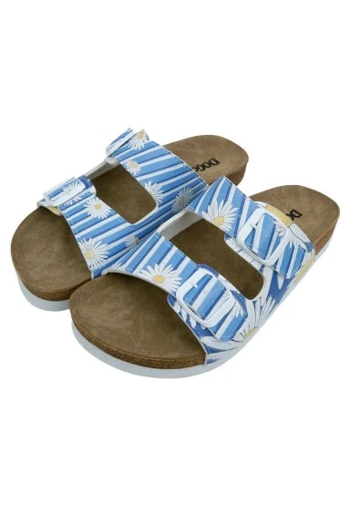 Women Vegan Leather Blue Slippers - Daisy Stripes Design - 