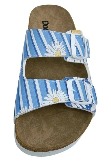 Women Vegan Leather Blue Slippers - Daisy Stripes Design - 