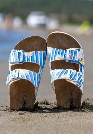 Women Vegan Leather Blue Slippers - Daisy Stripes Design - 
