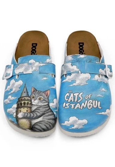 Women Vegan Leather Blue Slippers - Galata Cat Design - 