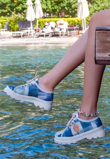 Women Vegan Leather Blue Sneakers - Be Different Design - 