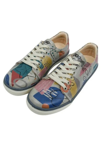 Women Vegan Leather Blue Sneakers - Abstract Leaves Design - 