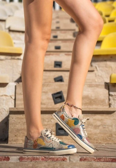 Women Vegan Leather Blue Sneakers - Abstract Leaves Design - 