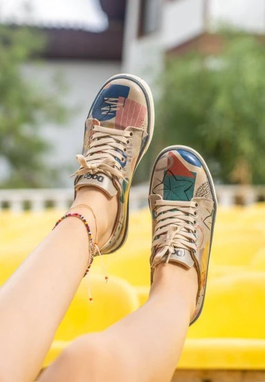 Women Vegan Leather Blue Sneakers - Abstract Leaves Design - 