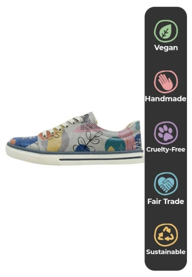 Women Vegan Leather Blue Sneakers - Abstract Leaves Design - 