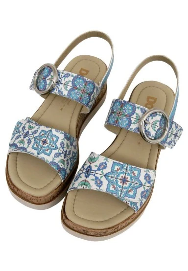 Women Vegan Leather Blue Wedge Sandals - Aegean Tiles Design - 
