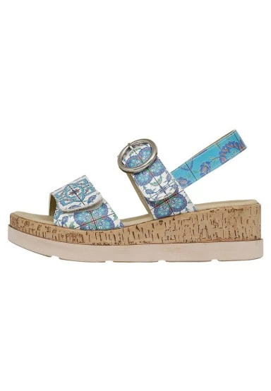 Women Vegan Leather Blue Wedge Sandals - Aegean Tiles Design - 