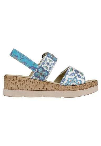 Women Vegan Leather Blue Wedge Sandals - Aegean Tiles Design - 