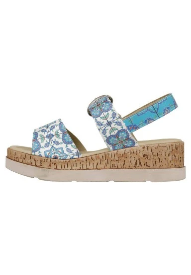 Women Vegan Leather Blue Wedge Sandals - Aegean Tiles Design - 