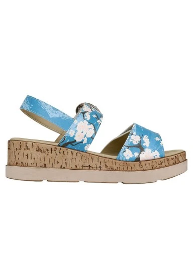 Women Vegan Leather Blue Wedge Sandals - Bloom Where You Are Planted Design - 