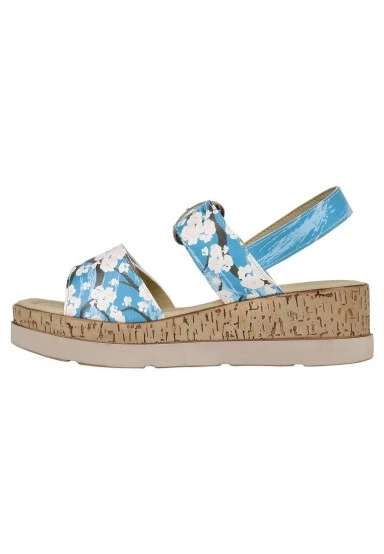 Women Vegan Leather Blue Wedge Sandals - Bloom Where You Are Planted Design - 